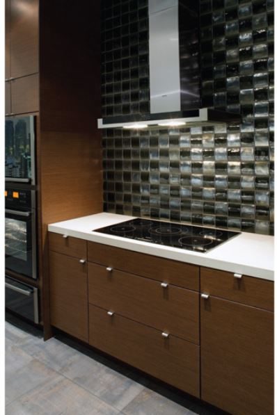 Black and White Backsplash Glass Squares with Iridescence at Custom Home Interiors 