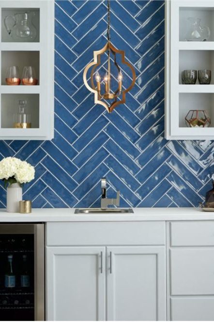 Blueprint Glazed Subway Tiles with Herringbone at Custom Home Interiors 